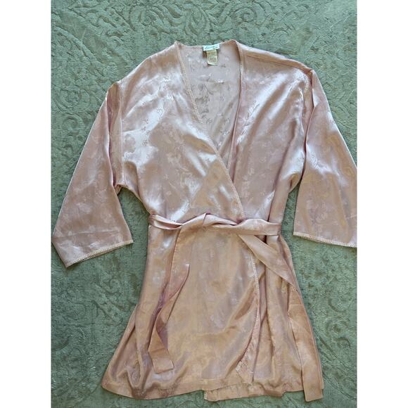 Vintage Women's Pink Satin Robe Roses Bows Floral Jacquard Belted Dressing Gown - Picture 4 of 6